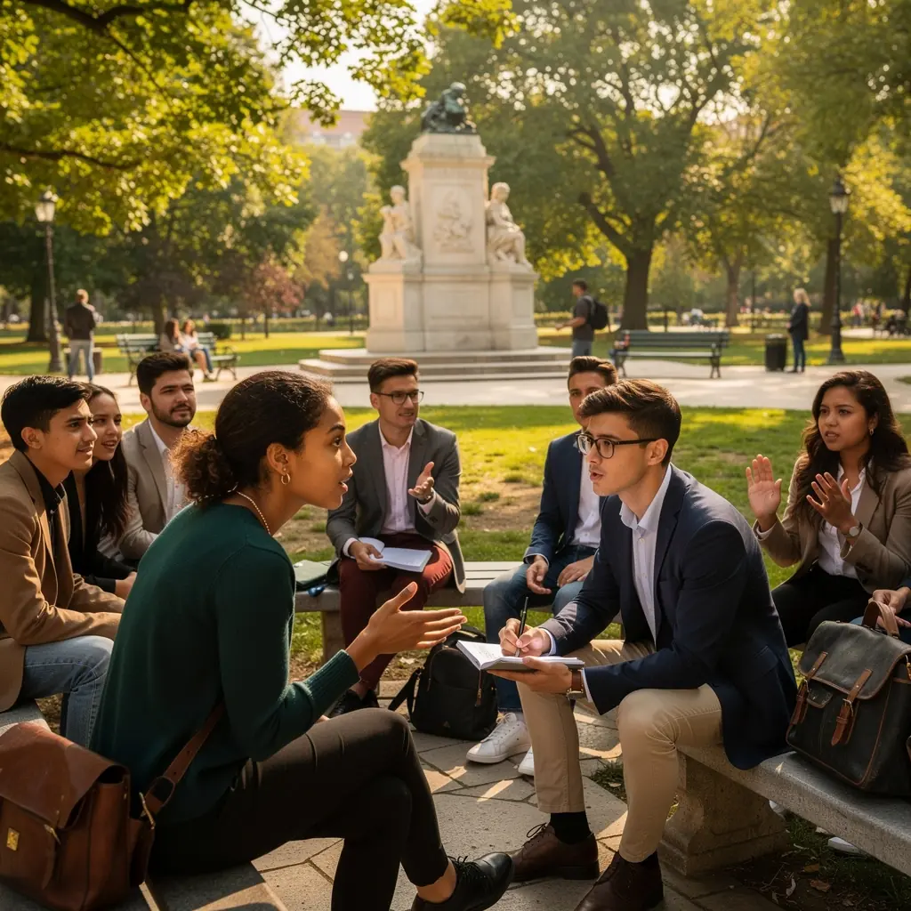 Csoportos vita egy filozófiai szemináriumon, ahol a diákok aktívan részt vesznek a gondolatcserében.