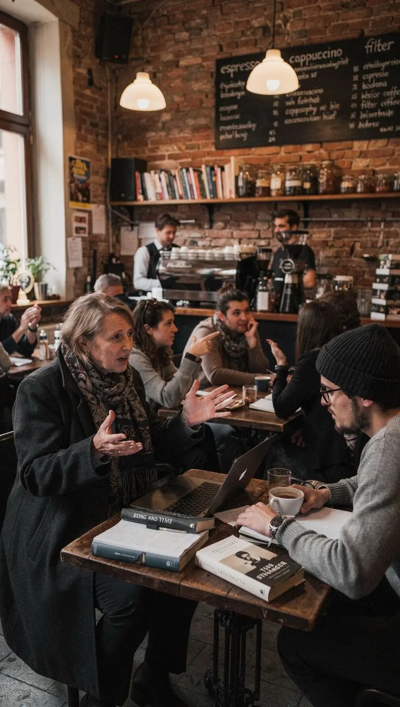 Csoportos vita egy filozófiai szemináriumon, ahol a diákok aktívan részt vesznek a gondolatcserében.