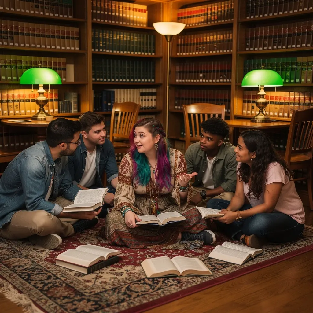 Csoportos vita egy filozófiai szemináriumon, ahol a diákok aktívan részt vesznek a gondolatcserében.